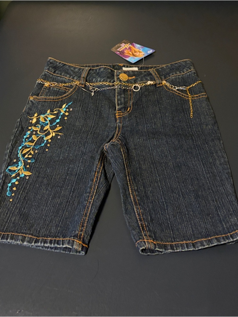 Hannah Montana Girls' Embroidered Dark Wash Denim Shorts with Chain Belt
